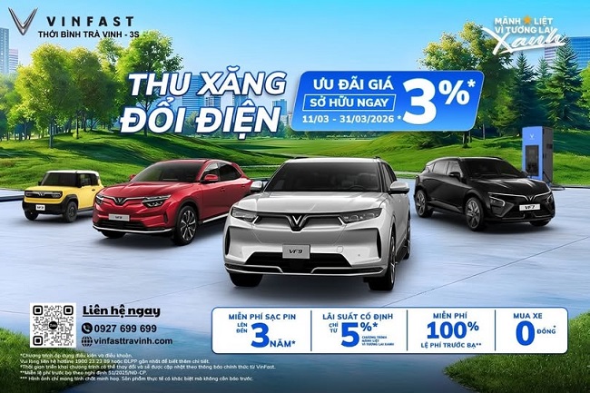 Thu Xăng Đổi Điện VinFast Tháng 3/2026 Tại Trà Vinh: Ưu Đãi Thêm 3% + Siêu Tiết Kiệm!